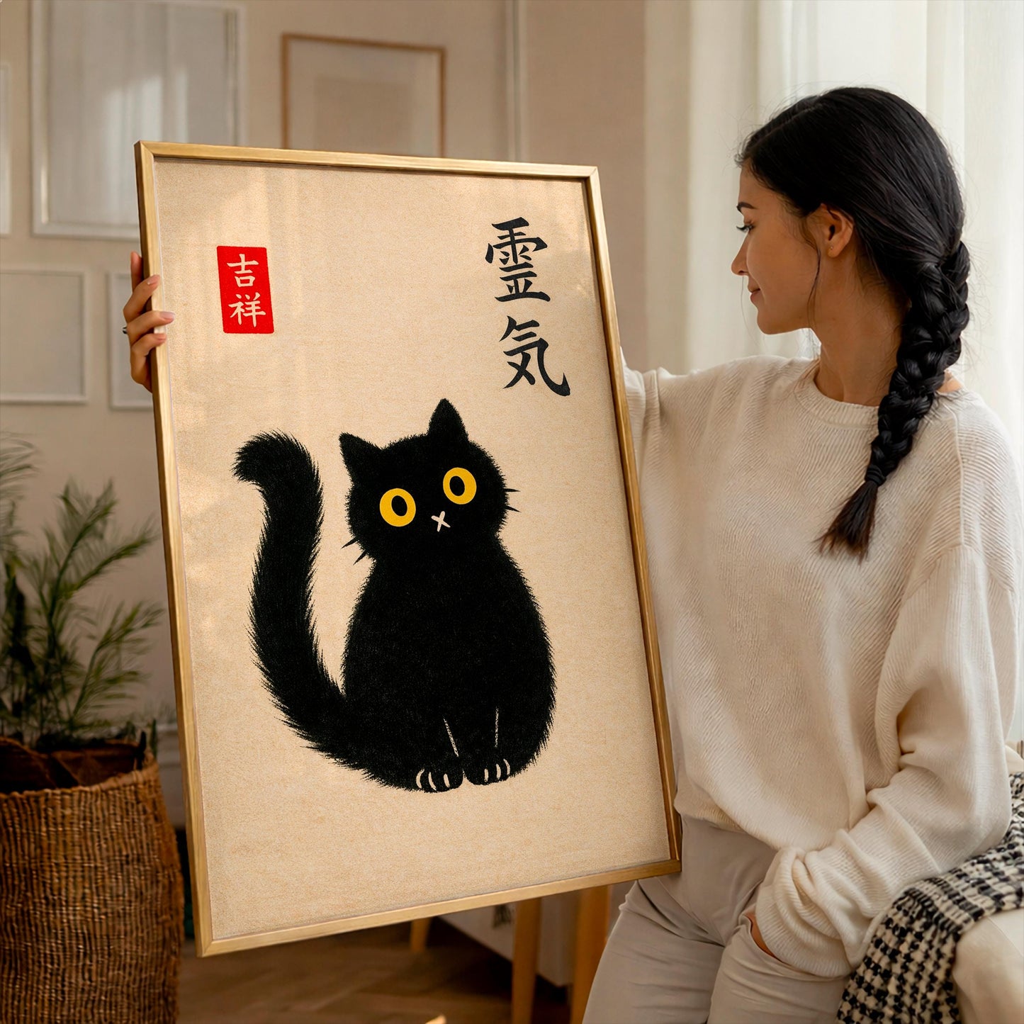 Japanese Black Cat Art Print, Reiki Zen Cat Poster, Kawaii Kuro Neko Wall Art, Japandi Minimalist Decor, Japanese Luck Lucky Cat Gift A3 A4