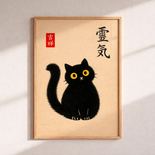 Japanese Black Cat Art Print, Reiki Zen Cat Poster, Kawaii Kuro Neko Wall Art, Japandi Minimalist Decor, Japanese Luck Lucky Cat Gift A3 A4