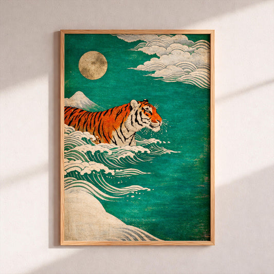 Art Print "The Tiger and Moon", Whimsical Animal Poster, Japandi Wall Art with Tiger and Waves, Retro Dining Room or Kitchen Decor