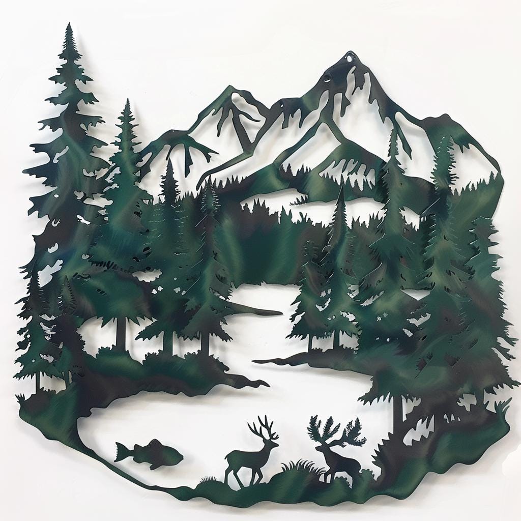 Rustic Forest Mountain Metal Wall Art - Cabin Decor, Outdoor Landscape Sign