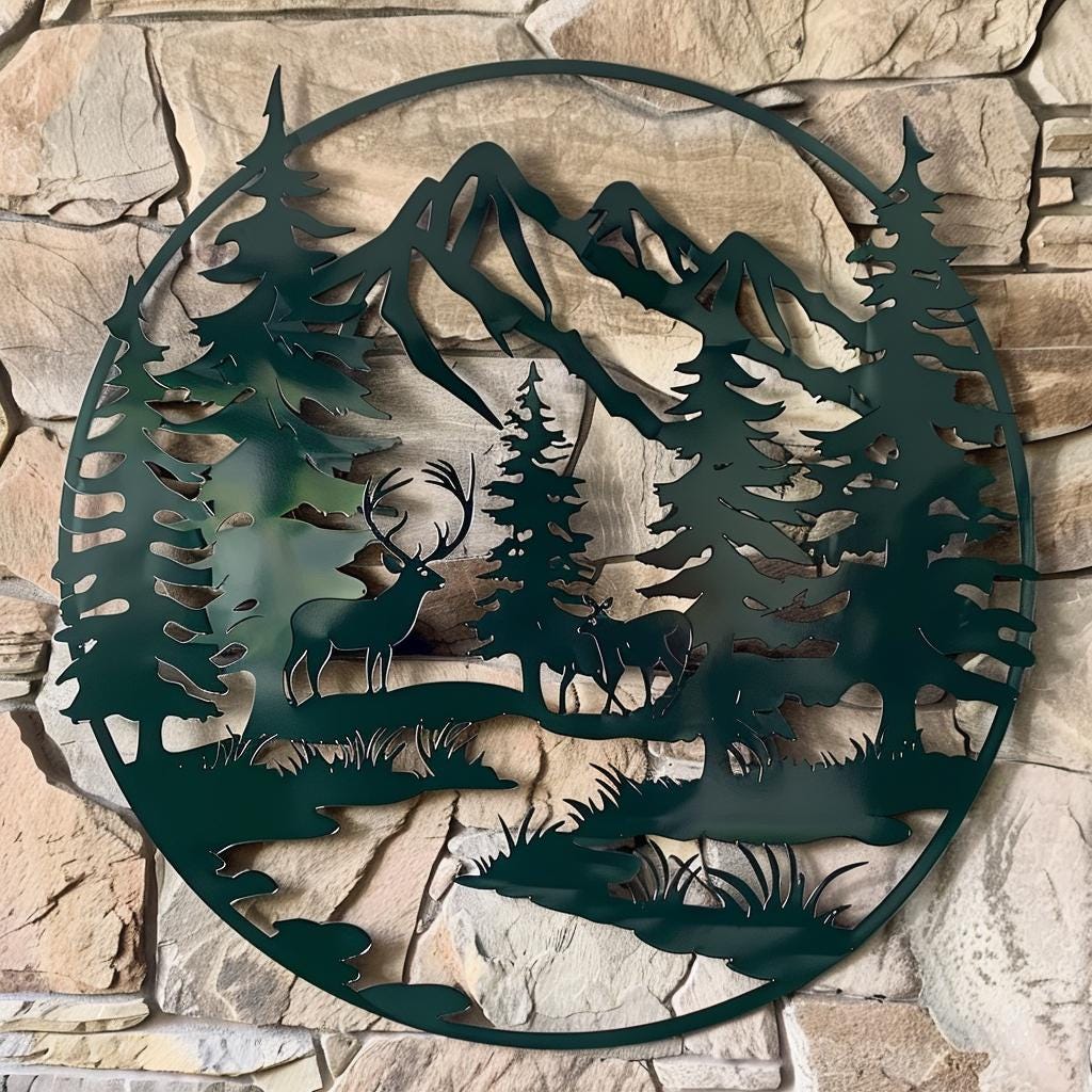 Rustic Forest Mountain Metal Wall Art - Cabin Decor, Outdoor Landscape Sign