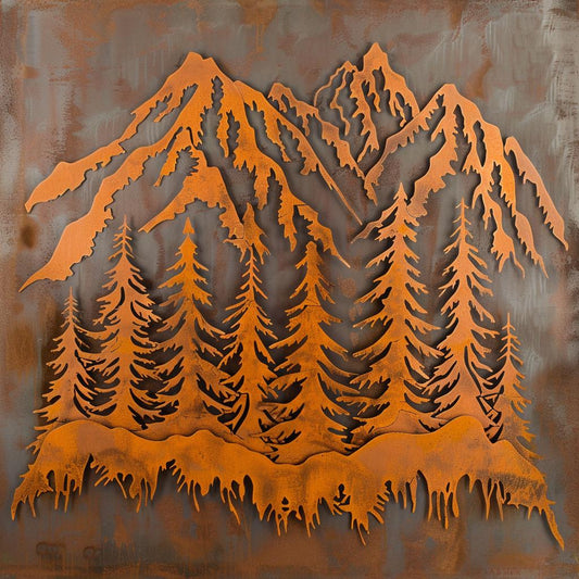 Rustic Forest Mountain Metal Wall Art - Cabin Decor, Outdoor Landscape Sign
