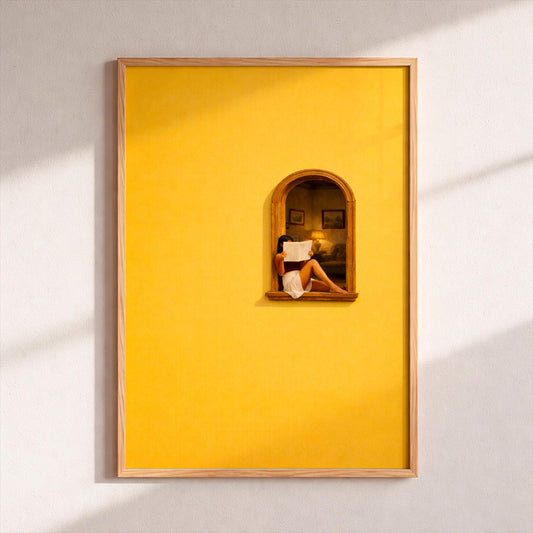 Yellow Aesthetic Wall Art, Woman Reading Poster, Minimalist Mediterranean Decor, Sun Drenched Window Art Print, Retro Boho Home Gift