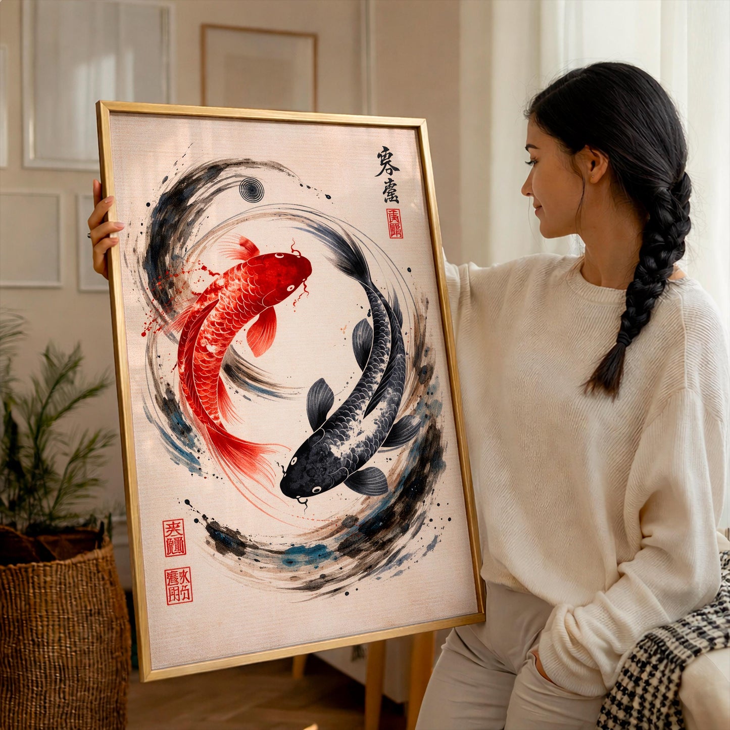 Yin Yang Koi Fish Poster, Japanese Zen Wall Art, Minimalist Japandi Decor, Asian Sumi-e Print, Spiritual Harmony Gift, Modern Oriental Art