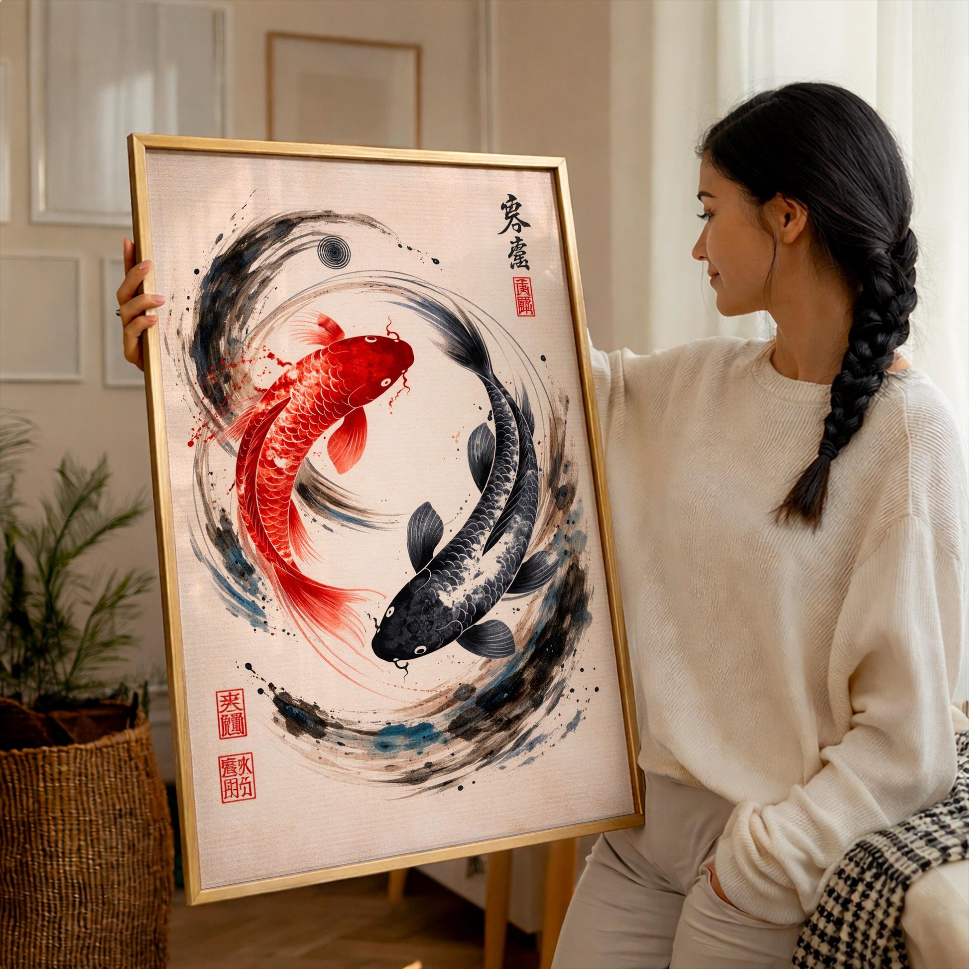 Yin Yang Koi Fish Poster, Japanese Zen Wall Art, Minimalist Japandi Decor, Asian Sumi-e Print, Spiritual Harmony Gift, Modern Oriental Art