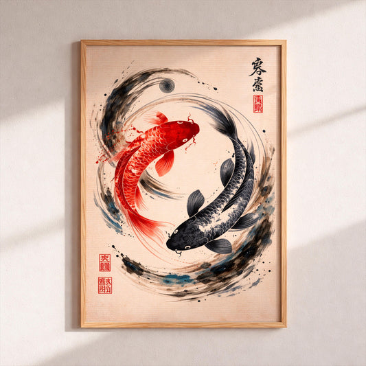 Yin Yang Koi Fish Poster, Japanese Zen Wall Art, Minimalist Japandi Decor, Asian Sumi-e Print, Spiritual Harmony Gift, Modern Oriental Art