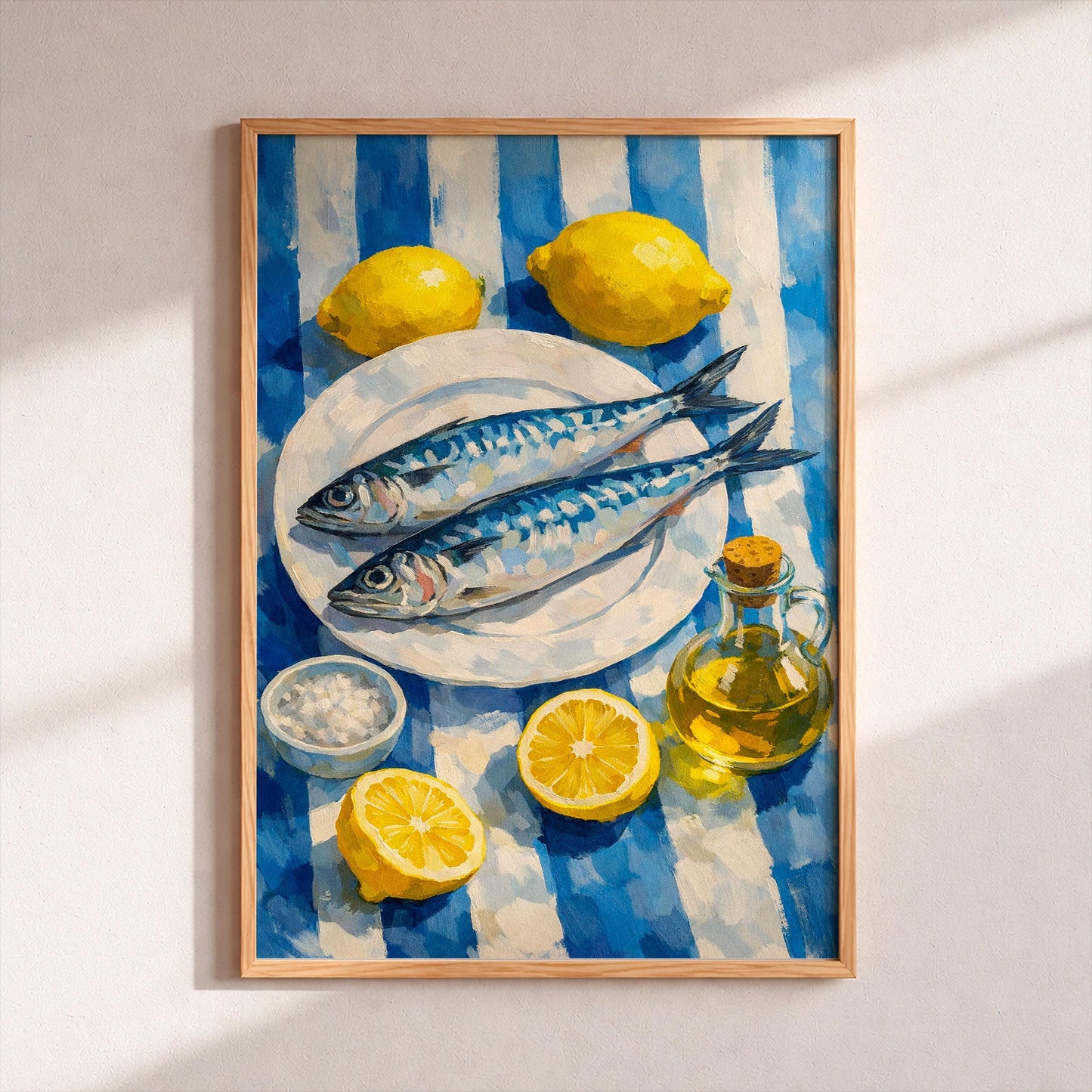 Mackerel Fish Still Life Art Print, Mediterranean Kitchen Wall Art, Lemon and Olive Oil Food Poster, Coastal Dining Room Decor Gift for Cook