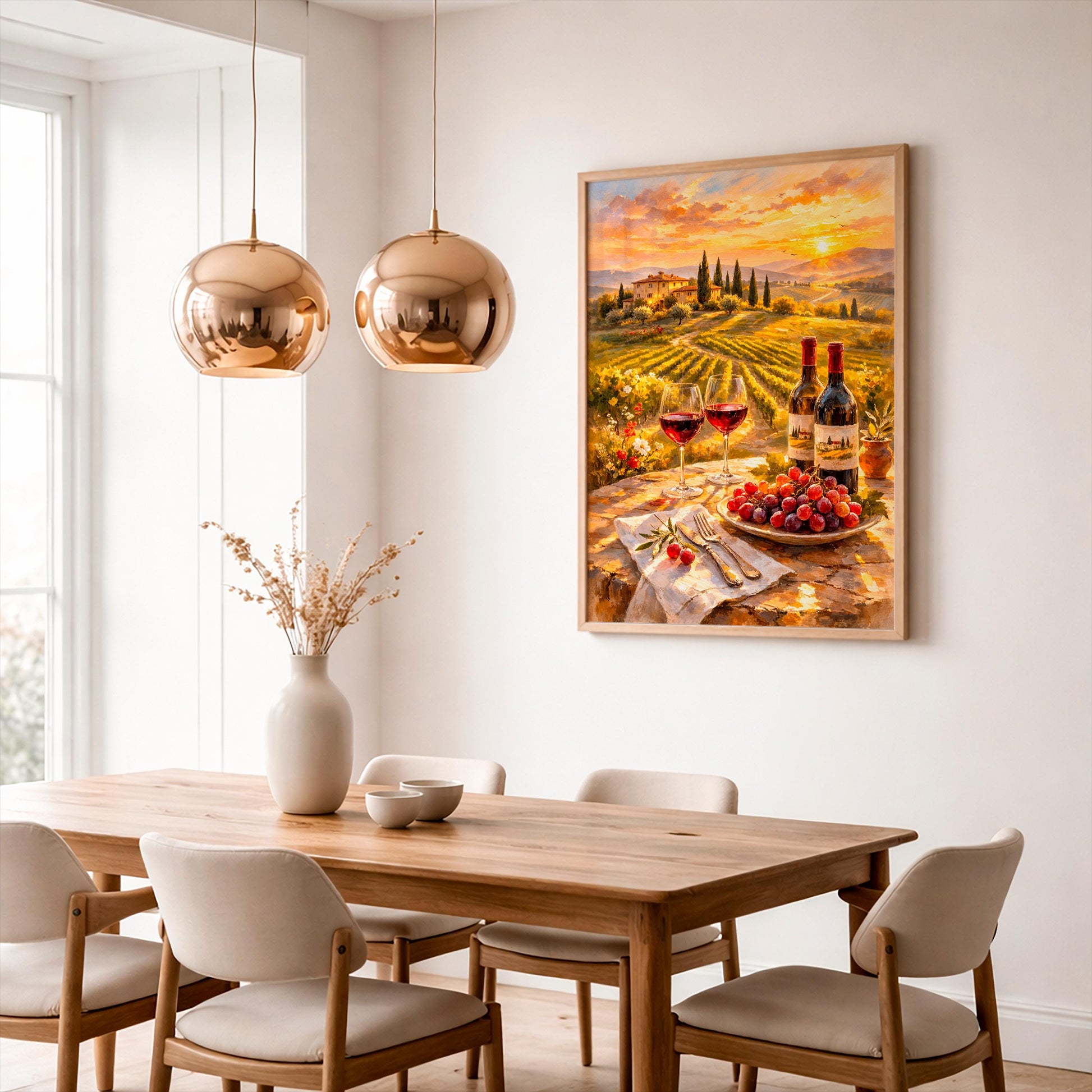 Tuscany Vineyard Sunset Wall Poster, Italian Landscape Print, Wine & Grapes Still Life Painting, Rustic Farmhouse Decor, Italy Travel Gift