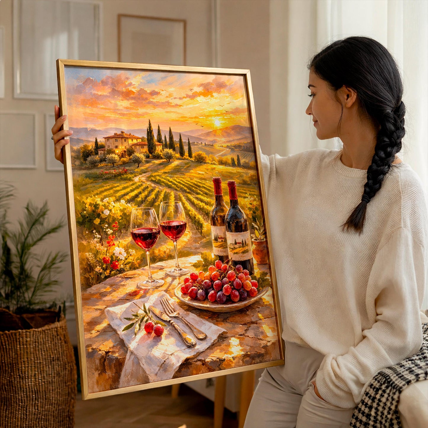 Tuscany Vineyard Sunset Wall Poster, Italian Landscape Print, Wine & Grapes Still Life Painting, Rustic Farmhouse Decor, Italy Travel Gift