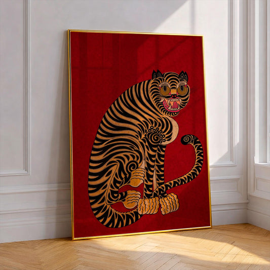 Vintage Korean Tiger Poster, Bold Oriental Animal Wall Art, Retro Folk Art Print, Minhwa Style Tiger Scene, Fierce Home Decor