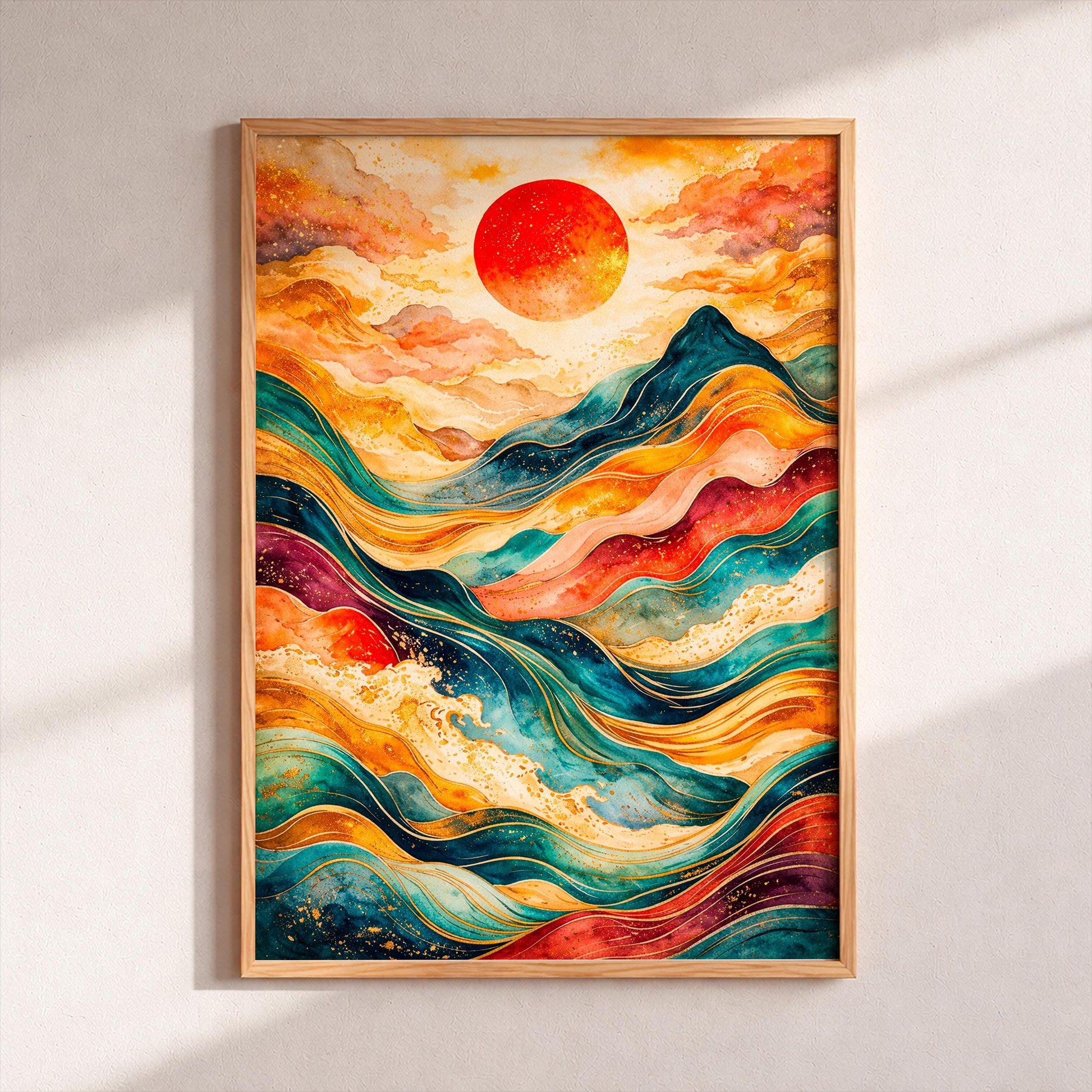 Abstract Sunset Ocean Waves Poster, Japanese Sun Wall Art, Teal Blue Gold Mountain Print, Boho Home Decor, Modern Landscape Watercolor Gift