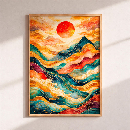 Abstract Sunset Ocean Waves Poster, Japanese Sun Wall Art, Teal Blue Gold Mountain Print, Boho Home Decor, Modern Landscape Watercolor Gift