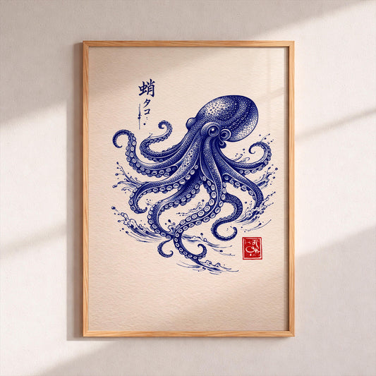 Japanese Octopus Art Print, Navy Blue Kraken Poster, Nautical Wall Decor, Vintage Sea Monster Illustration, Ukiyo-e Style Beach House Gift