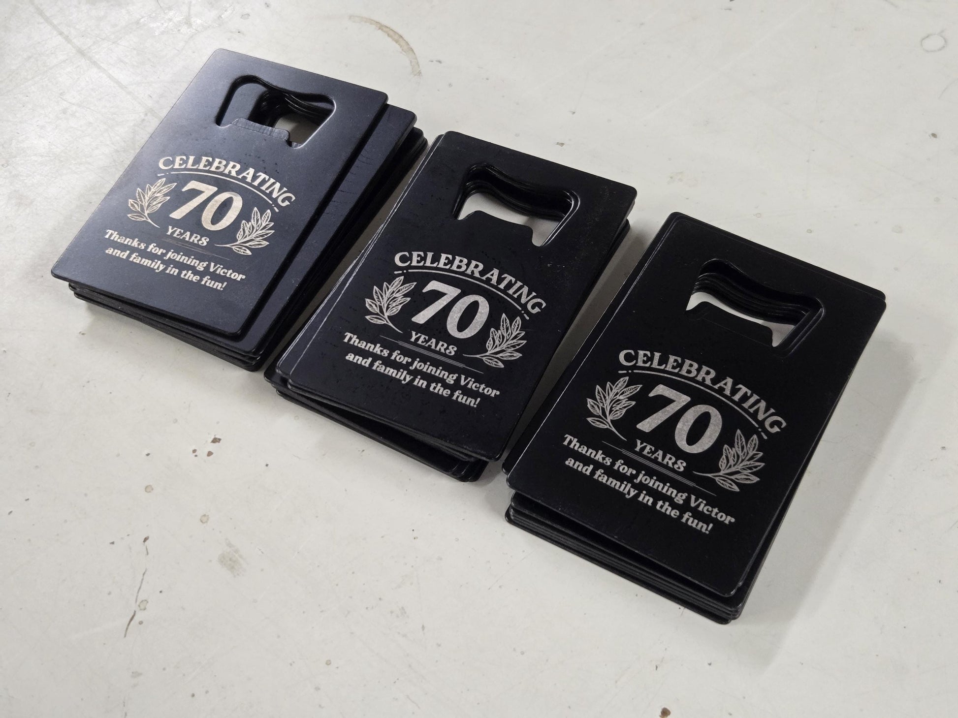 70th Birthday Party Favors, Personalized Engraved Black Card Bottle Opener, Bulk Party Gift Keepsakes, Custom Celebratory Milestone Gifts