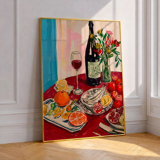 Dinner Party Food Art Print Retro Kitchen Poster Vintage Wine Still Life Wall Art Modern Dining Room Decor Colorful Mediterranean Fish Gift