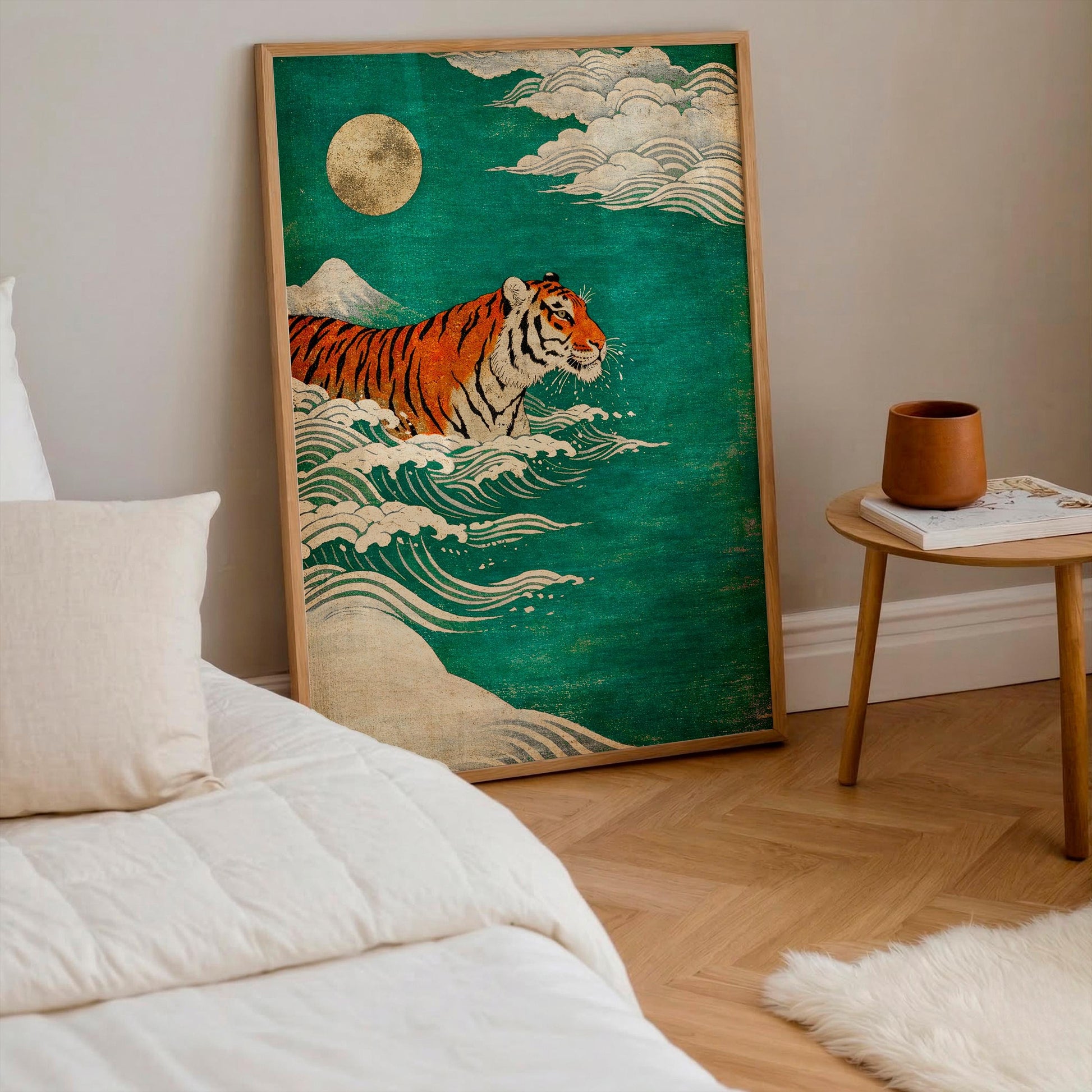 Art Print "The Tiger and Moon", Whimsical Animal Poster, Japandi Wall Art with Tiger and Waves, Retro Dining Room or Kitchen Decor