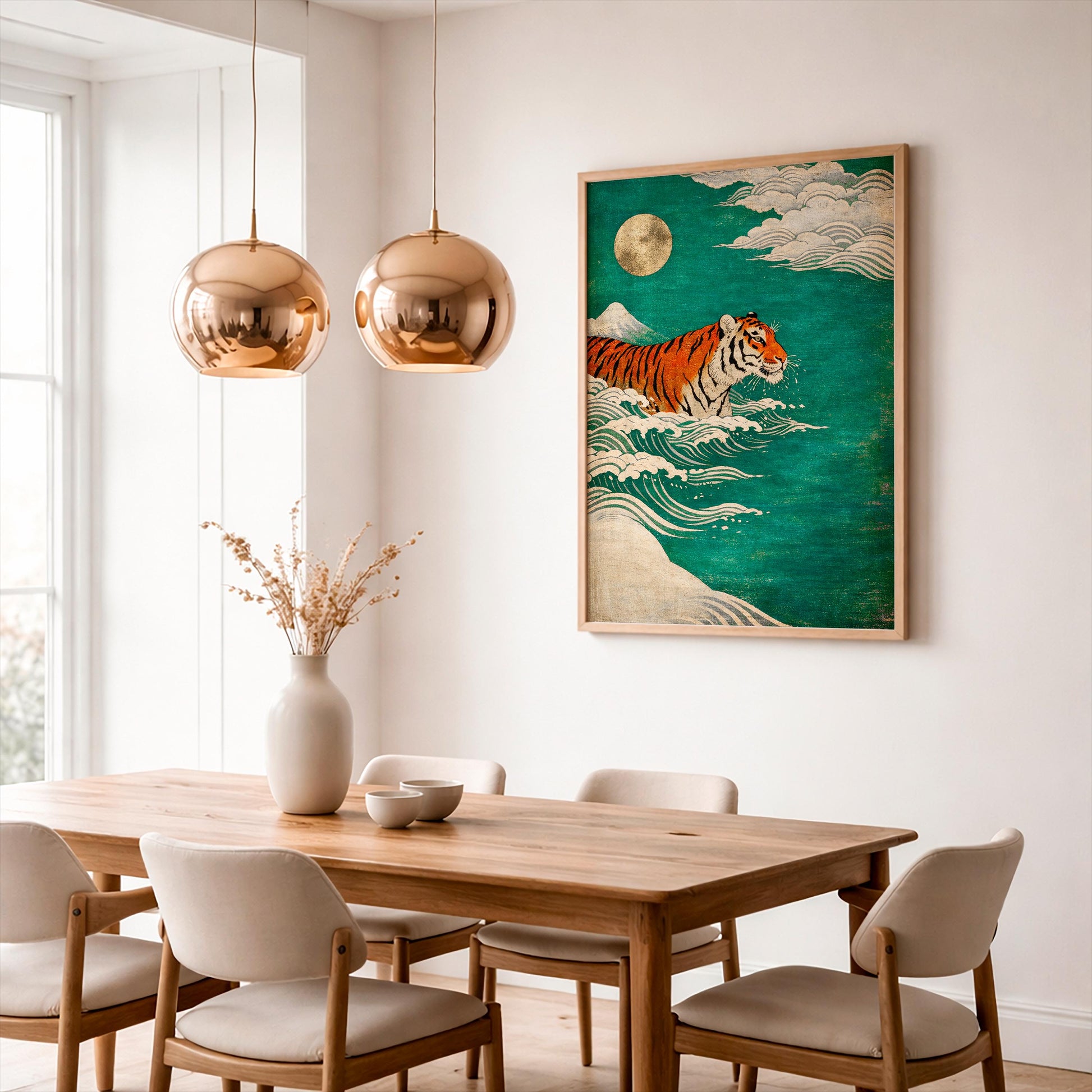 Art Print "The Tiger and Moon", Whimsical Animal Poster, Japandi Wall Art with Tiger and Waves, Retro Dining Room or Kitchen Decor