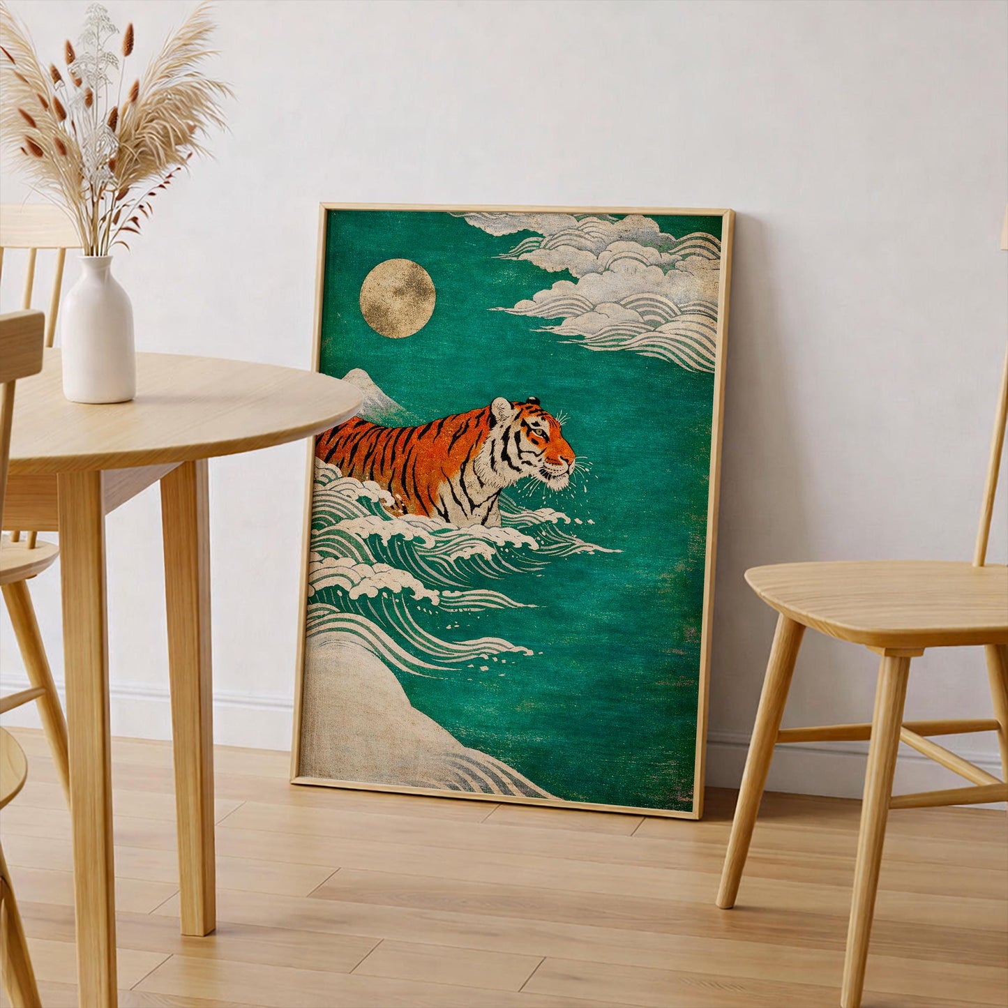 Art Print "The Tiger and Moon", Whimsical Animal Poster, Japandi Wall Art with Tiger and Waves, Retro Dining Room or Kitchen Decor