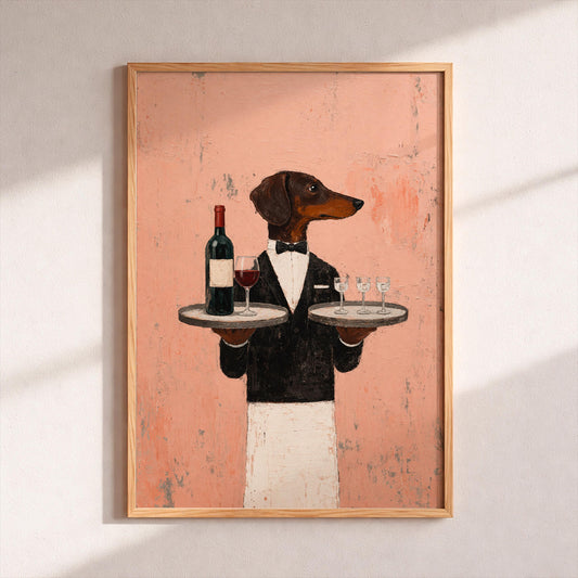 Dachshund Butler Wall Art Print, Funny Dog Waiter Poster, Vintage Style Kitchen Decor, Wine Lover Gift, Whimsical Animal Artwork Printable