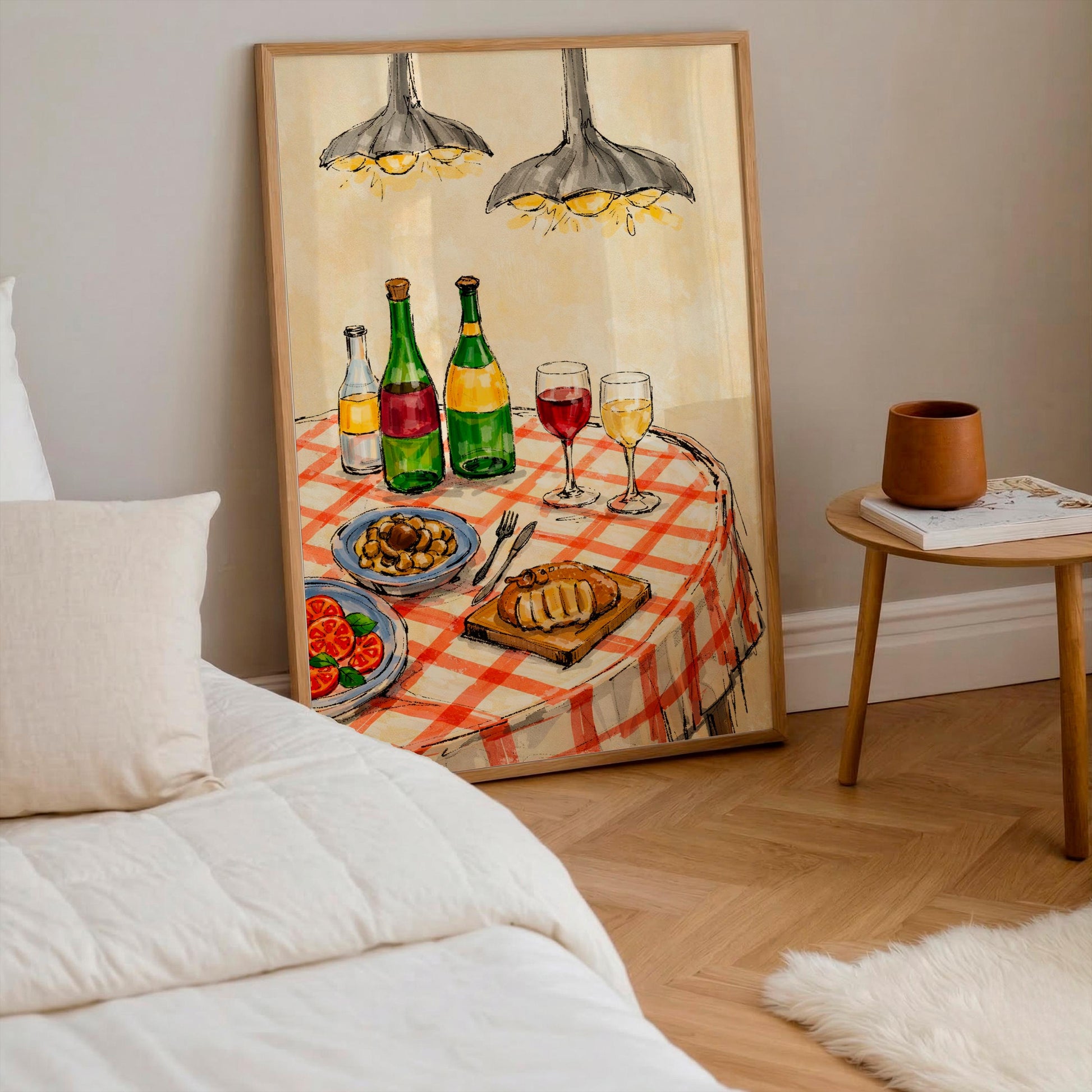 Italian Dinner Art Print, Rustic Kitchen Wall Decor, Red Checked Tablecloth Poster, Wine and Pasta Watercolor Painting Cozy Dining Room Gift