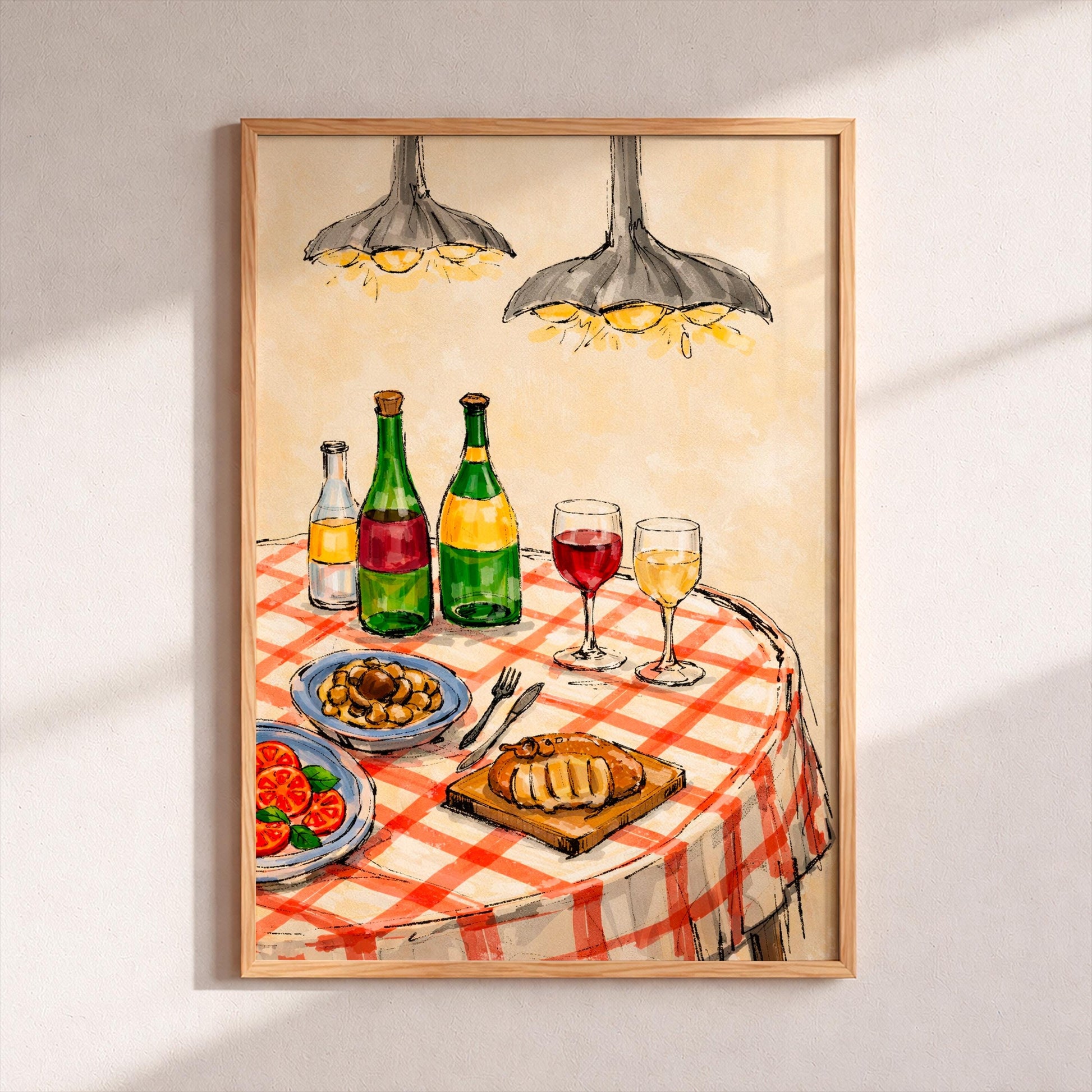 Italian Dinner Art Print, Rustic Kitchen Wall Decor, Red Checked Tablecloth Poster, Wine and Pasta Watercolor Painting Cozy Dining Room Gift