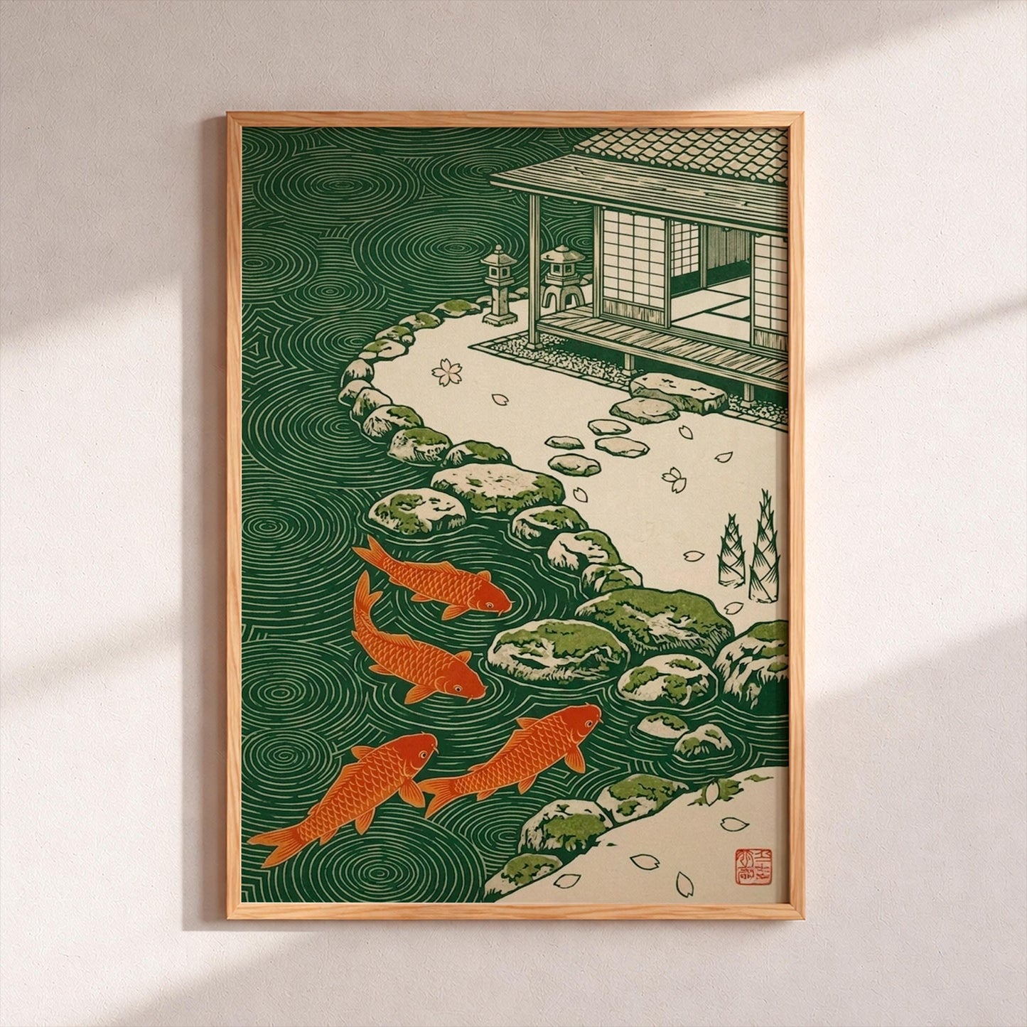 Japanese Koi Fish Pond Wall Art, Zen Garden Ukiyo-e Poster, Woodblock Style Print, Asian Home Decor, Japandi Wall Decor, Birthday Gift Idea