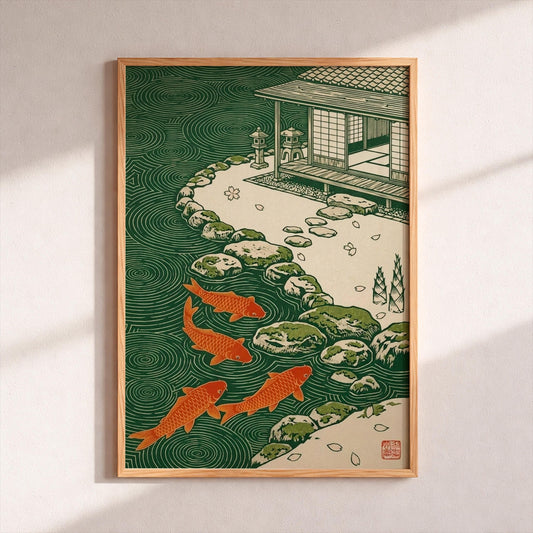 Japanese Koi Fish Pond Wall Art, Zen Garden Ukiyo-e Poster, Woodblock Style Print, Asian Home Decor, Japandi Wall Decor, Birthday Gift Idea