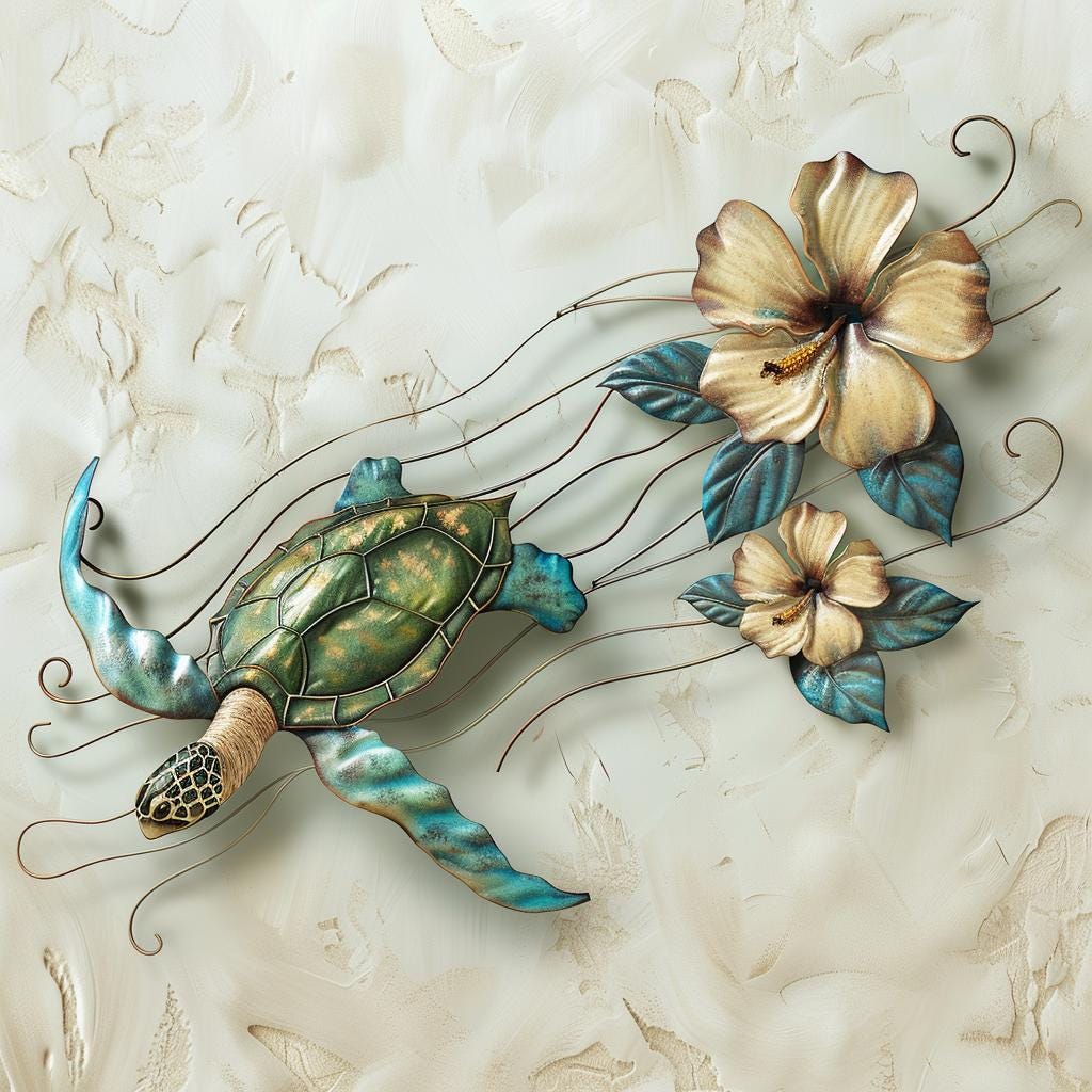 Sea Turtle Hibiscus Metal Wall Art, Tropical Ocean Decor Coastal Sign