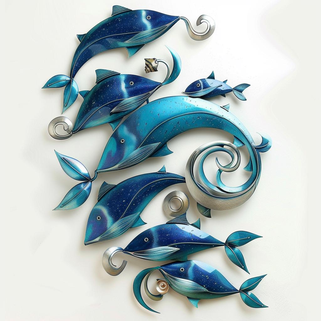 School of Blue Fish Metal Wall Art, Marine Life Ocean Decor Coastal Home Sign
