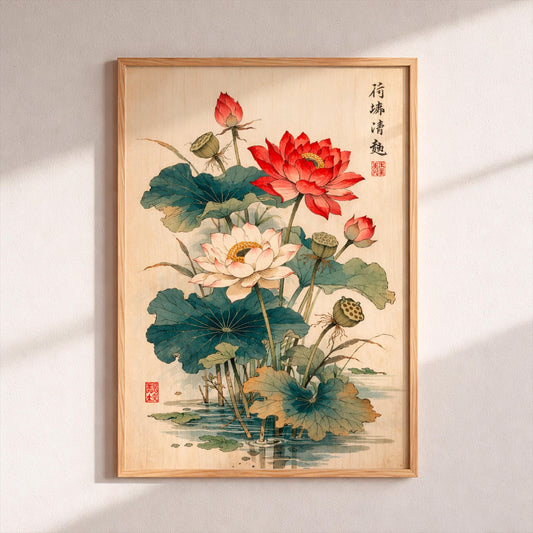 Vintage Lotus Flower Poster, Japanese Botanical Art Print, Asian Floral Wall Decor, Pink Lotus Blossom, Antique Chinoiserie Style, Zen Gift