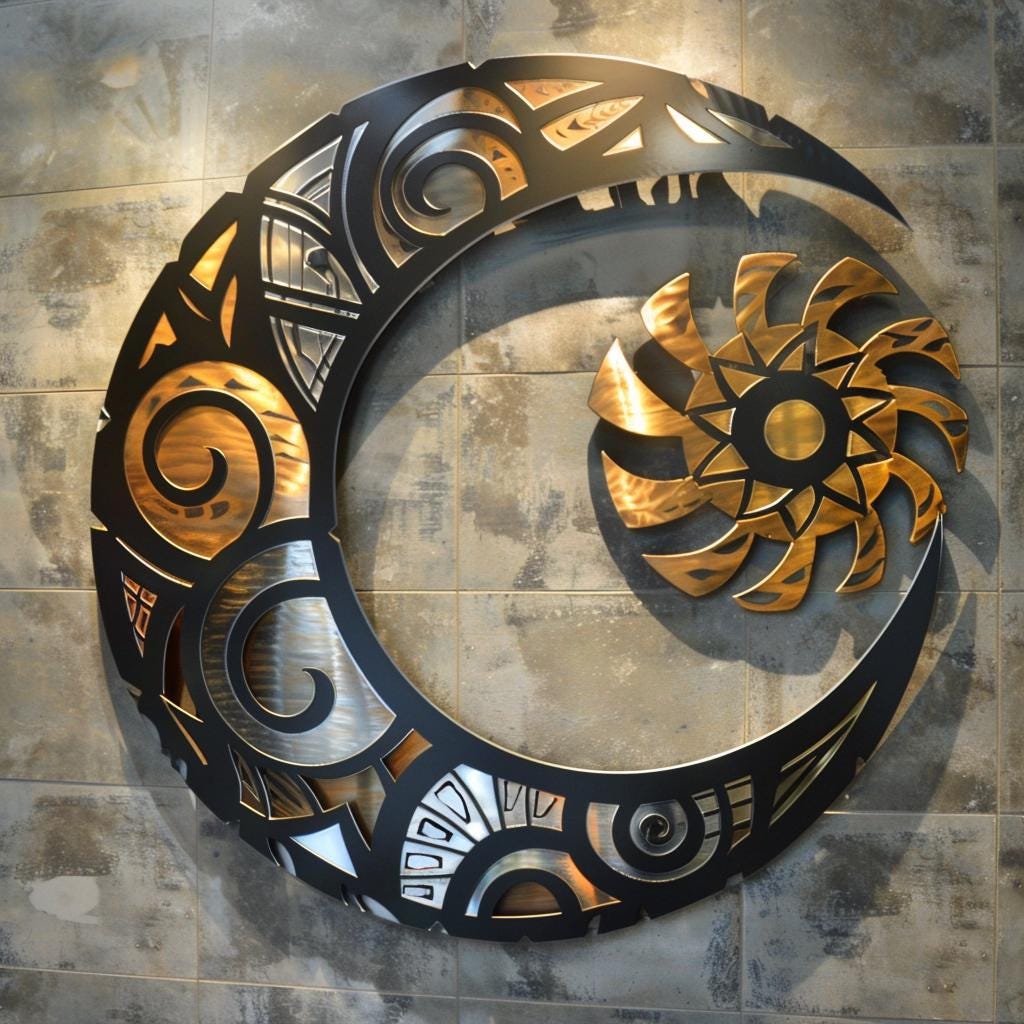 Polynesian Sun Moon Metal Wall Art, Tribal Crescent Steel Decor (Laser Cut)