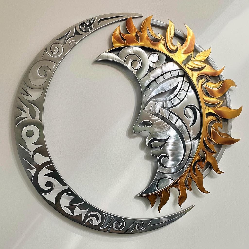 Polynesian Sun Moon Metal Wall Art, Tribal Crescent Steel Decor (Laser Cut)