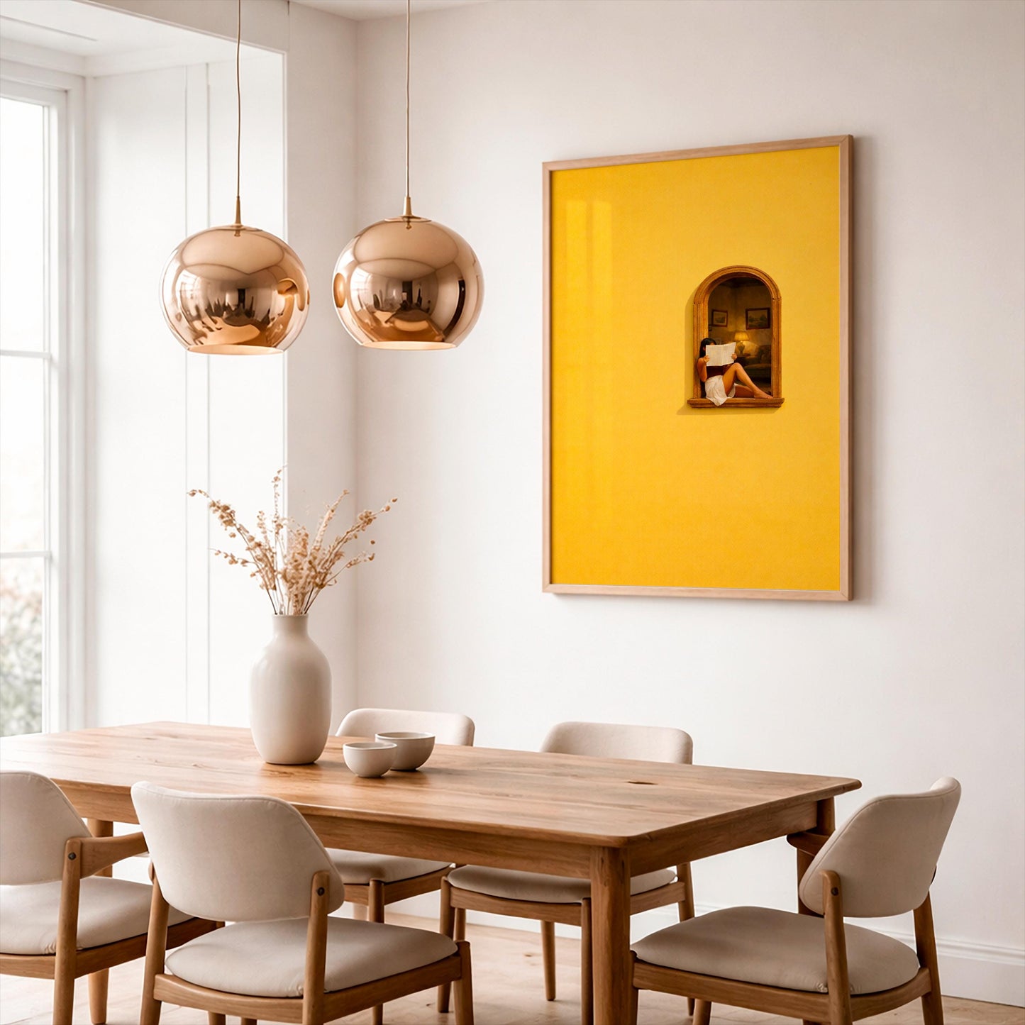 Yellow Aesthetic Wall Art, Woman Reading Poster, Minimalist Mediterranean Decor, Sun Drenched Window Art Print, Retro Boho Home Gift