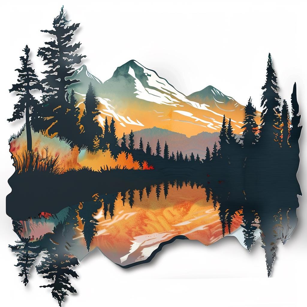 Mountain Metal Wall Art: Forest Lake Sunset Nature Landscape Steel Sign (Outdoor Decor)
