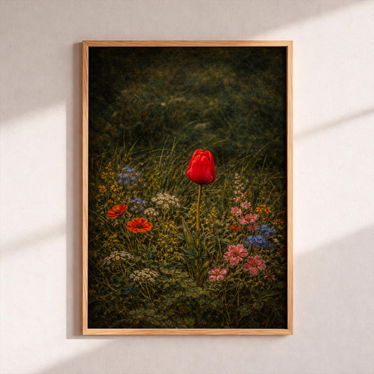 Moody Wildflower Wall Art, Dark Cottagecore Red Tulip Print, Vintage Floral Oil Painting, Antique Meadow Poster, Dark Academia Home Decor