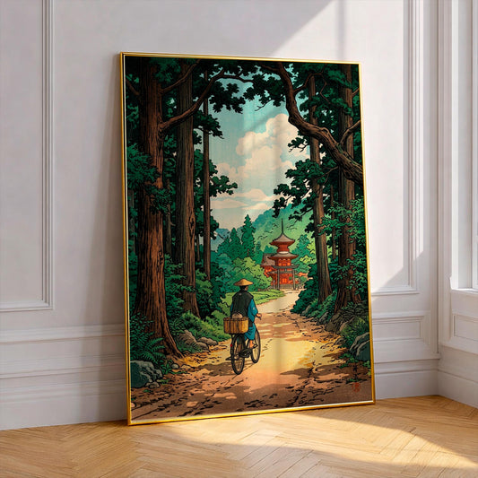 Vintage Japanese Bicycle Poster, Tranquil Forest Pagoda Wall Art, Retro Nature Print, Shin-hanga Style Forest Path Scene, Serene Home Decor