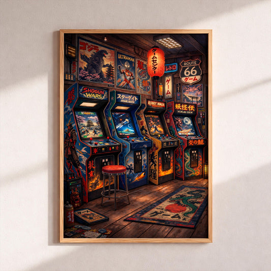 Retro Japanese Arcade Poster, Nostalgic Tokyo Wall Art, Vintage Gaming Print, Synthwave Game Room Scene, Vibrant Man Cave Decor