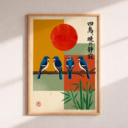 Vintage Japanese Birds Poster, Tranquil Zen Nature Wall Art, Retro Woodblock Bird Print, Minimalist Bamboo Scene, Serene Oriental Home Decor