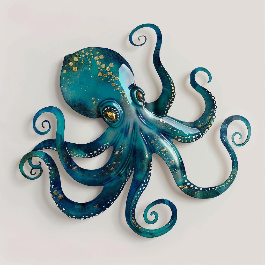 Octopus Metal Wall Art: Coastal Ocean Nautical Marine Life Metal Sign