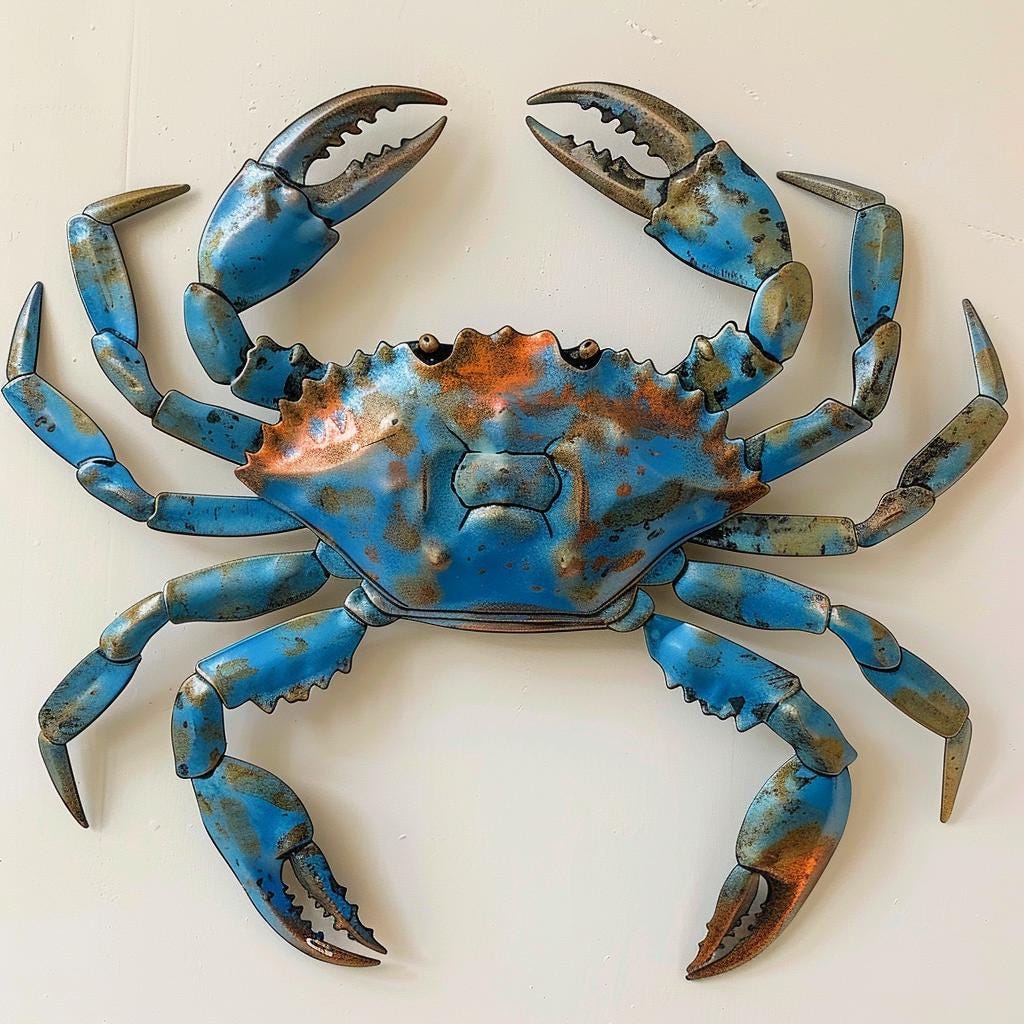 Blue Metal Sign: Coastal Crab Ocean Decor, Nautical Wall Art, Beach House Hanging
