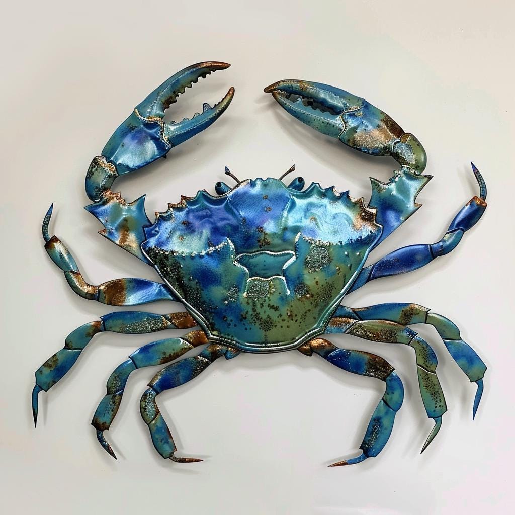 Blue Metal Sign: Coastal Crab Ocean Decor, Nautical Wall Art, Beach House Hanging