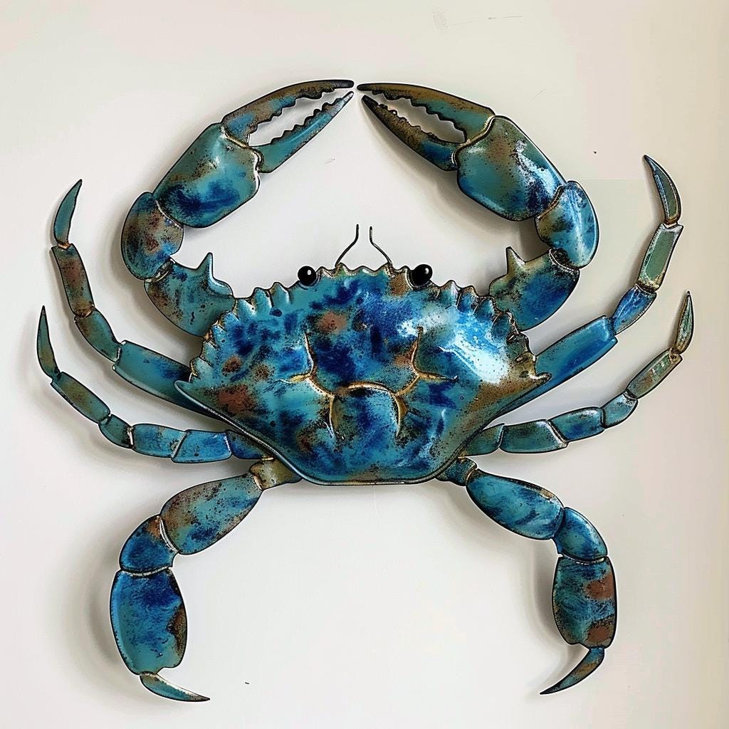 Blue Metal Sign: Coastal Crab Ocean Decor, Nautical Wall Art, Beach House Hanging