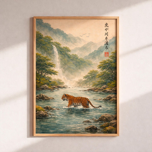 Japanese Tiger Poster Tiger Crossing a Stream Art Print Traditional Asian Wall Decor Zen Nature Waterfall Painting Ukiyo-e Style Wall Art