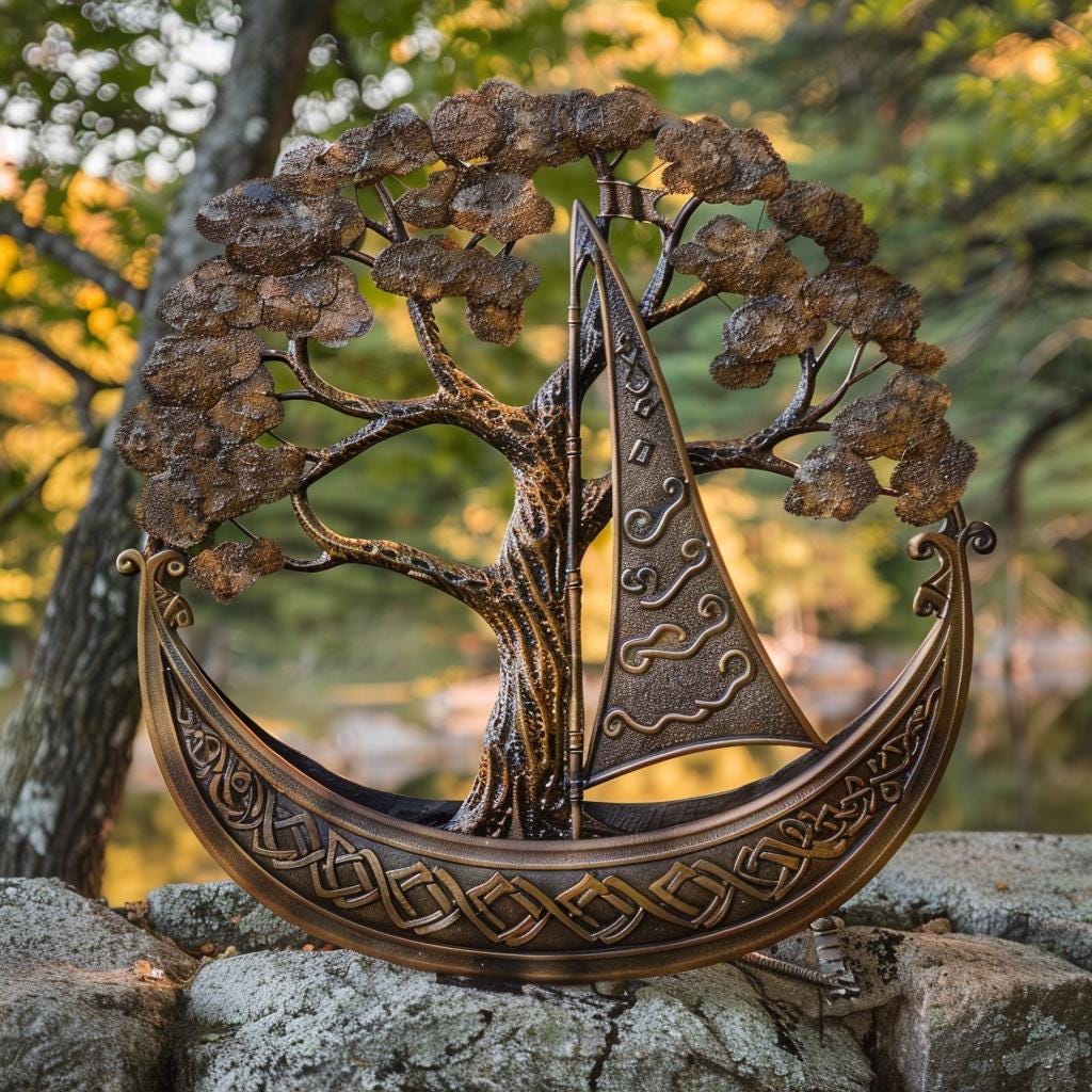 Viking Ship Tree of Life Metal Wall Art, Nordic Celtic Oak Decor