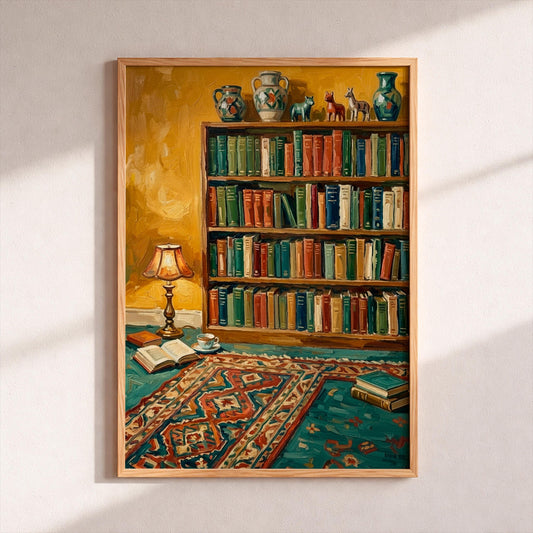 Vintage Bookshelf Art Print, Dark Academia Library Poster, Cozy Reading Nook Wall Decor, Antique Book Lover Gift, Library Painting Wall Art