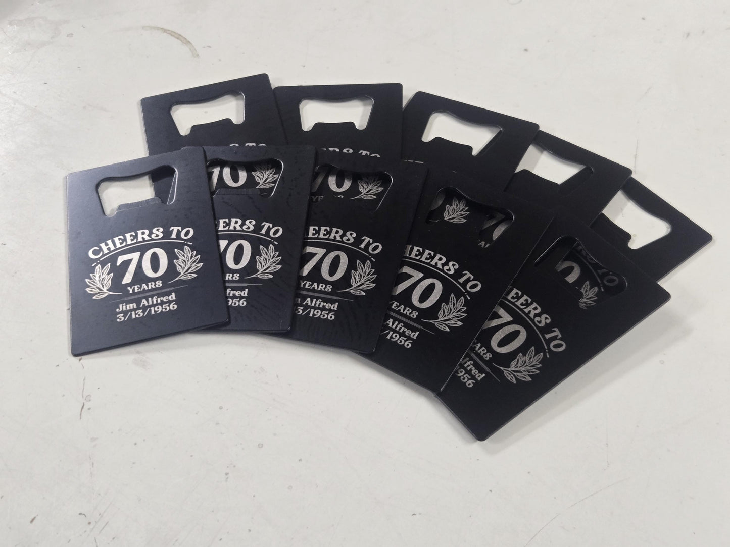 Milestone Birthday Party Favors, Personalized Engraved Black Card Bottle Opener, Bulk Party Gift Keepsakes, Custom Celebratory Gifts
