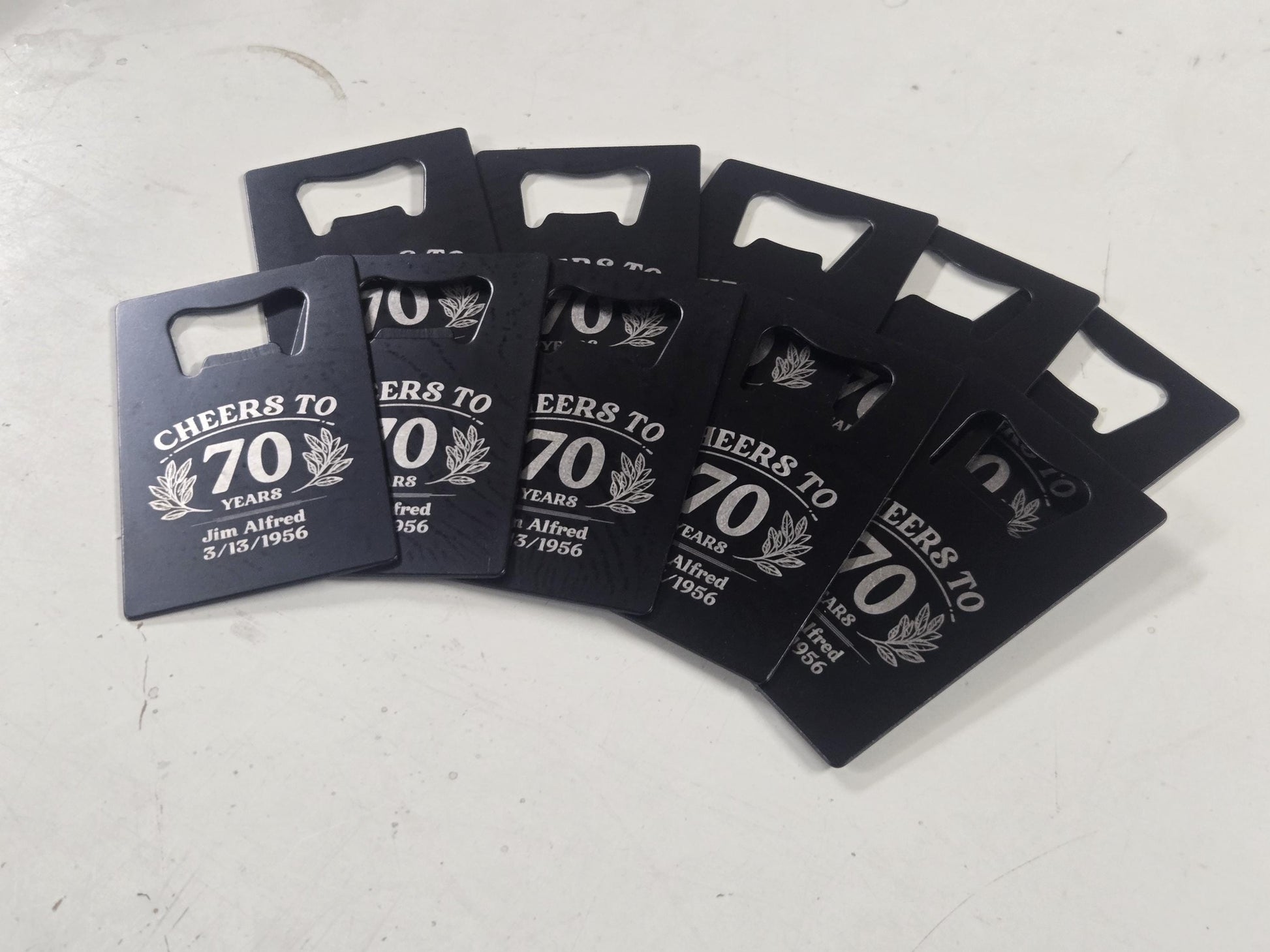 50th Birthday Party Favors, Personalized Engraved Black Card Bottle Opener, Bulk Party Gift Keepsakes, Custom Celebratory Milestone Gifts
