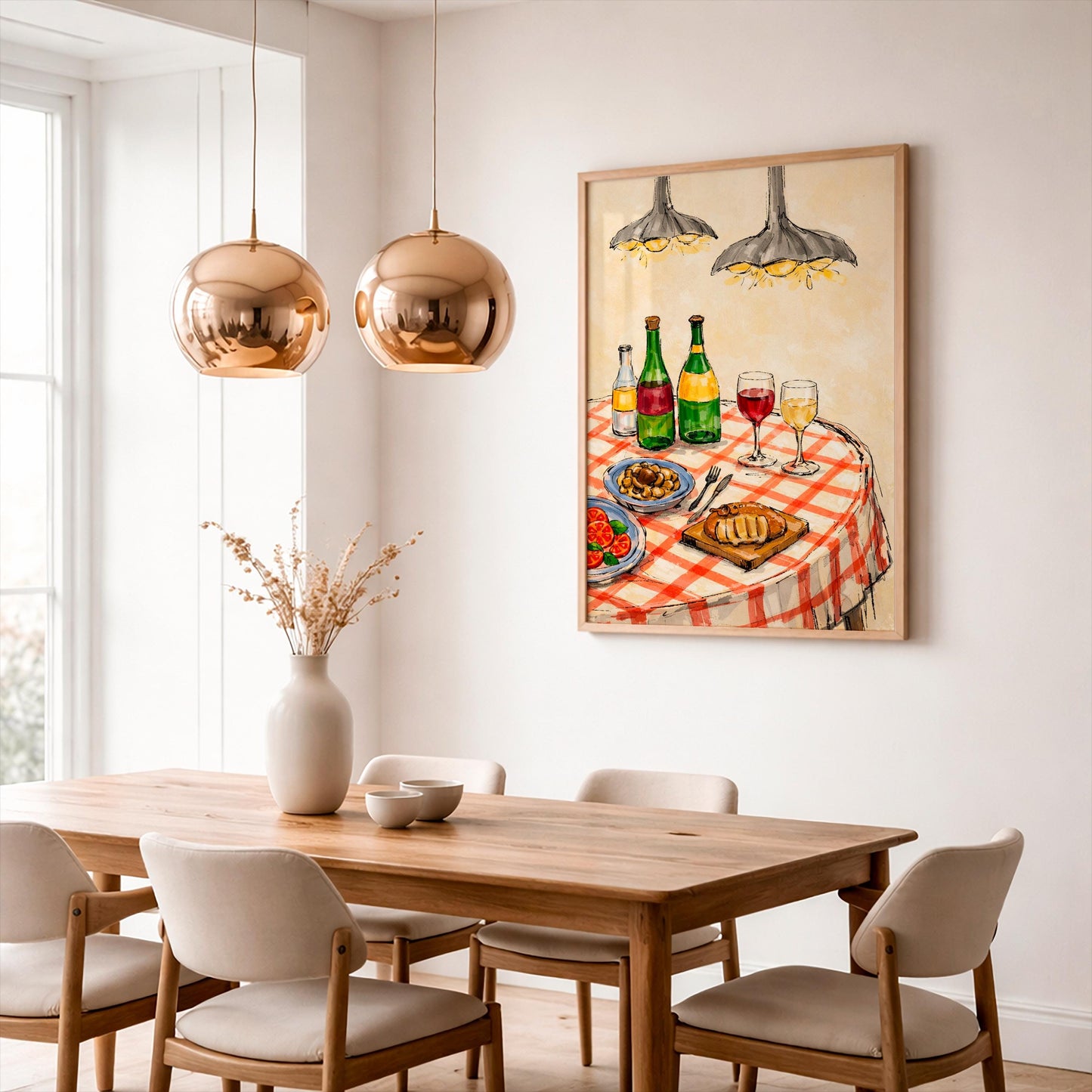 Italian Dinner Art Print, Rustic Kitchen Wall Decor, Red Checked Tablecloth Poster, Wine and Pasta Watercolor Painting Cozy Dining Room Gift