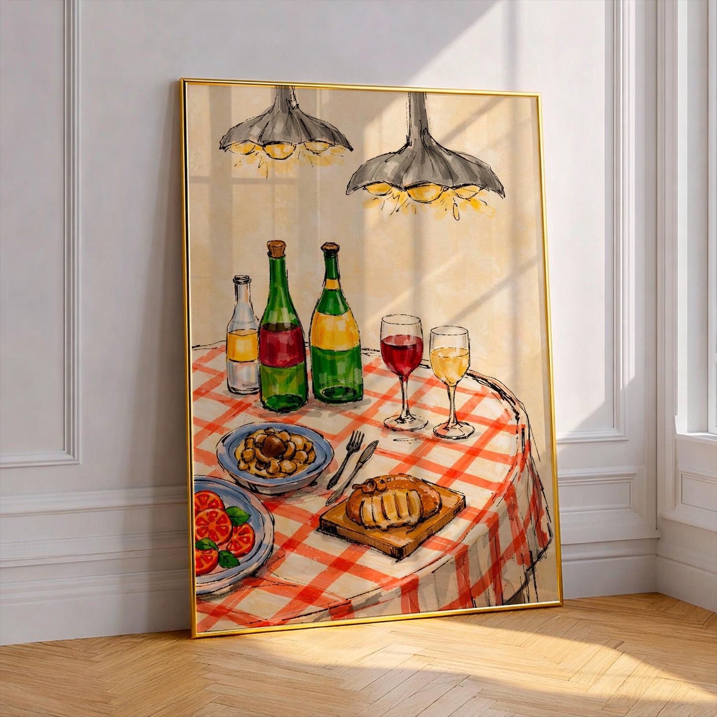 Italian Dinner Art Print, Rustic Kitchen Wall Decor, Red Checked Tablecloth Poster, Wine and Pasta Watercolor Painting Cozy Dining Room Gift