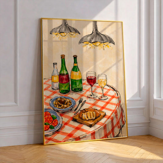 Italian Dinner Art Print, Rustic Kitchen Wall Decor, Red Checked Tablecloth Poster, Wine and Pasta Watercolor Painting Cozy Dining Room Gift